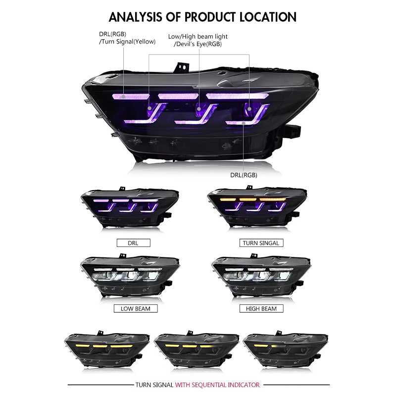 Ford Mustang S550 2015–2017 Triple Beam Lens Headlights - Pair (Left+Right)