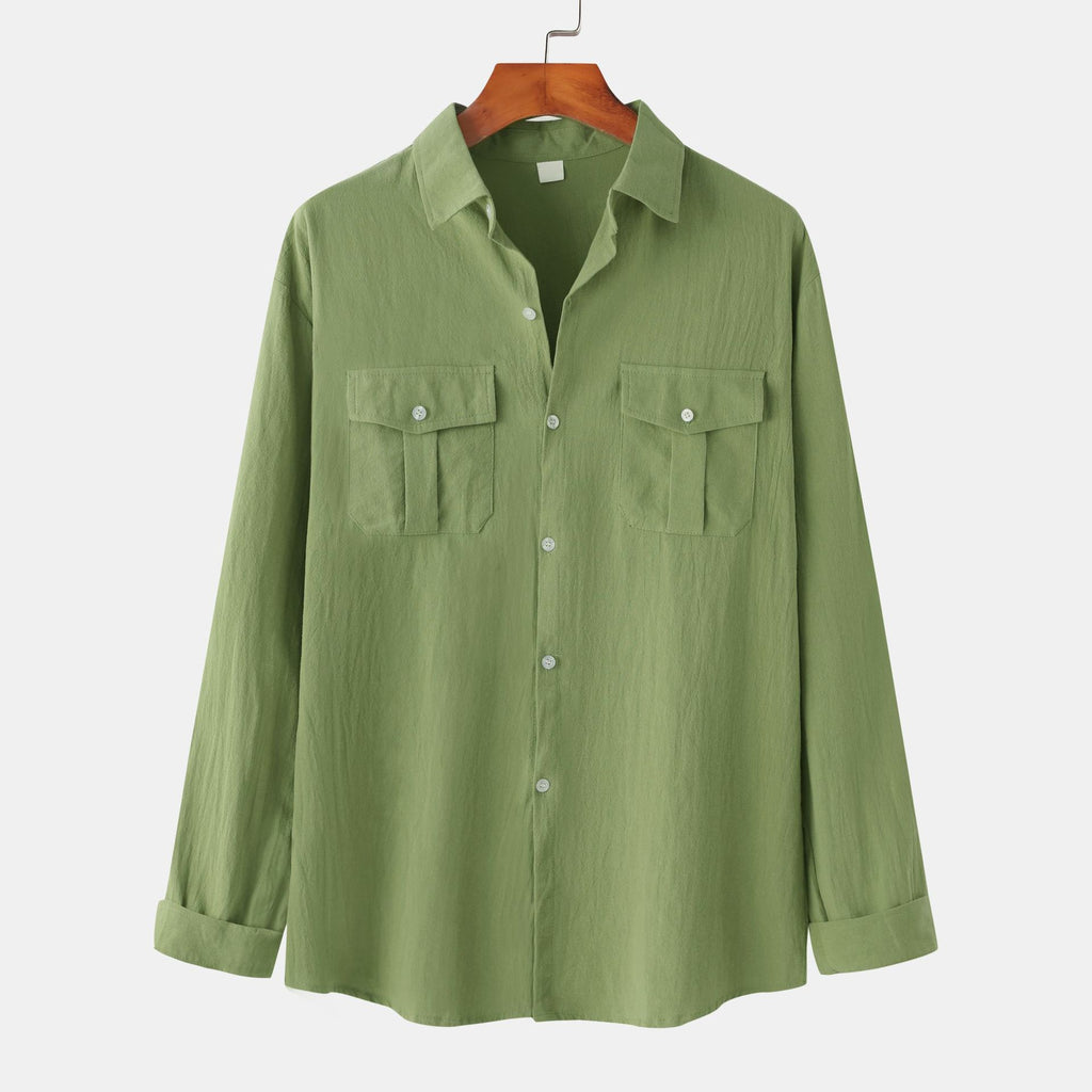 New autumn and winter men's cotton and linen solid color double pocket long-sleeved shirt - make autumn and winter wear more textured