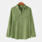 New autumn and winter men's cotton and linen solid color double pocket long-sleeved shirt - make autumn and winter wear more textured