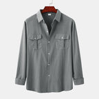 New autumn and winter men's cotton and linen solid color double pocket long-sleeved shirt - make autumn and winter wear more textured