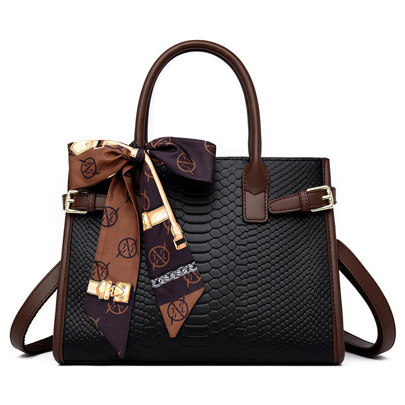 2025 New Commuter-Style Genuine Leather Embossed Snakeskin Pattern Contrast Color Briefcase for Women — Elegant and Practical, Includes a Silk Scarf